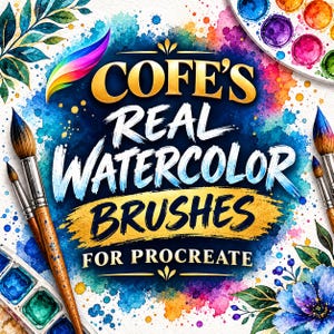 May include: A digital graphic featuring the text COFE'S REAL WATERCOLOR BRUSHES FOR PROCREATE in gold and white lettering, surrounded by colorful watercolor splashes, paint brushes, a paint palette, and floral illustrations.