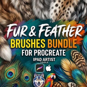May include: A digital art bundle for Procreate featuring fur and feather brushes. The image showcases a variety of textures, including animal fur and colorful feathers. Text reads "Fur & Feather Brushes Bundle for Procreate". Includes iPad Artist Tools.