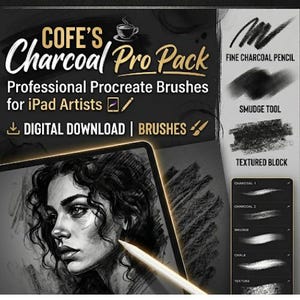 May include: Cofe's Charcoal Pro Pack digital download for Procreate featuring professional brushes for iPad artists. Includes fine charcoal pencil, smudge tool, and textured block effects shown on a tablet screen with a portrait sketch.