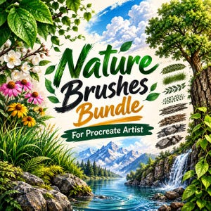 Könnte beinhalten: Eine digitale Grafik mit dem Text Nature Brushes Bundle For Procreate Artist. Das Bild zeigt eine lebendige Landschaft mit grünem Blattwerk, rosa und gelben Blumen, einem Wasserfall, Bergen und einer Spalte mit verschiedenen Naturtexturen.