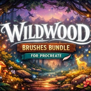 以下が含まれることがあります： 「Wildwood Brushes Bundle for Procreate」のテキストが入ったデジタルイラスト。 鹿、キノコ、川のある森の風景が描かれています。 配色は緑、青、オレンジです。