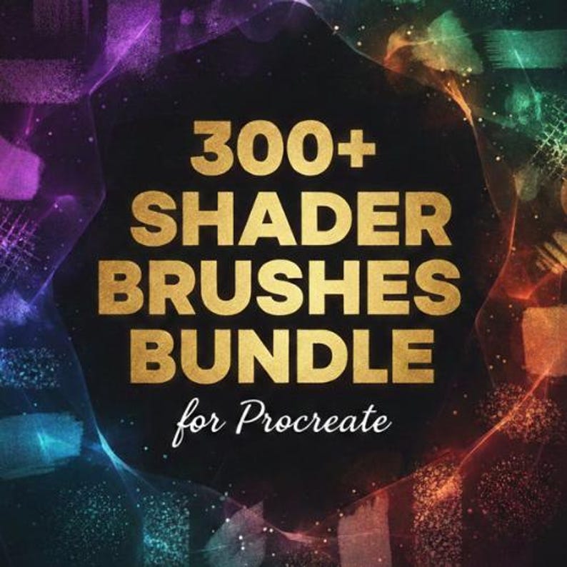 May include: A digital graphic featuring the gold text 300+ SHADER BRUSHES BUNDLE for Procreate centered on a black background. The border displays a vibrant, multi-colored abstract texture with purple, blue, green, orange, and red hues.