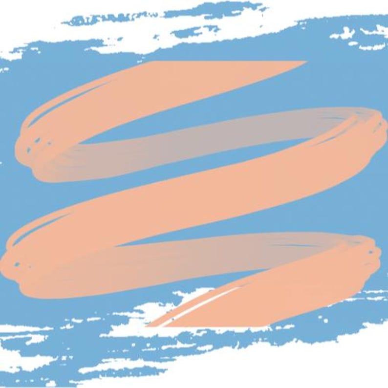 May include: A graphic design featuring a light peach-colored ribbon shape that curves in a zig-zag pattern across the center. The background consists of a textured, light blue brushstroke effect with white areas visible at the top and bottom edges.