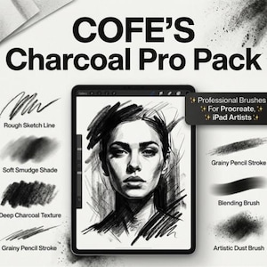 May include: A digital art illustration of a woman's portrait on a tablet, showcasing charcoal brush strokes. The image includes text: "COFE'S Charcoal Pro Pack" and examples of brush effects like "Rough Sketch Line" and "Soft Smudge Shade."