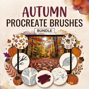 May include: A digital bundle of Autumn Procreate Brushes featuring text that reads AUTUMN PROCREATE BRUSHES BUNDLE. The image displays a tablet screen showing a forest path with fall foliage, surrounded by circular samples of brush strokes.
