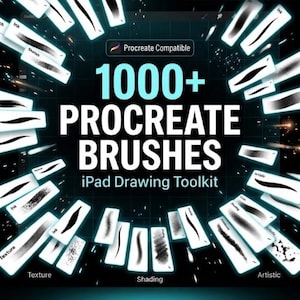 Op de afbeelding: Een digitale kunstafbeelding met de tekst "1000+ PROCREATE BRUSHES iPad Drawing Toolkit". De afbeelding toont verschillende voorbeelden van penseelstreken en de woorden "Texture", "Shading" en "Artistic".