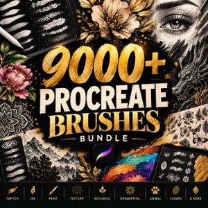 May include: A digital art resource bundle featuring the text 9000+ PROCREATE BRUSHES BUNDLE in gold and white lettering. The composition includes illustrations of flowers, a dragon, a human eye, and various brush stroke samples.