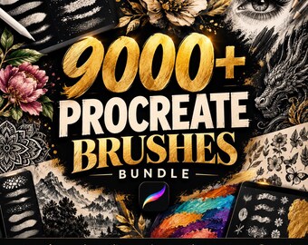 May include: A digital art resource bundle featuring the text 9000+ PROCREATE BRUSHES BUNDLE in gold and white lettering. The composition includes illustrations of flowers, a dragon, a human eye, and various brush stroke samples.