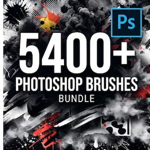 May include: A digital graphic advertisement for a 5400+ Photoshop brushes bundle. The design features a black, white, and red abstract ink splatter background with smoke effects and halftone patterns. The text Ps is in a blue square box.