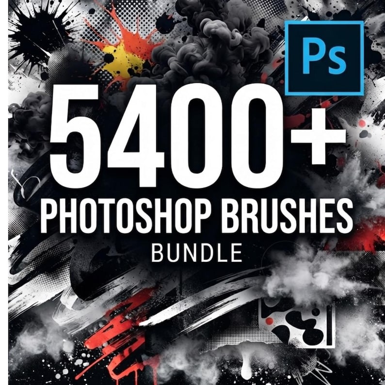 May include: A digital graphic advertisement for a 5400+ Photoshop brushes bundle. The design features a black, white, and red abstract ink splatter background with smoke effects and halftone patterns. The text Ps is in a blue square box.