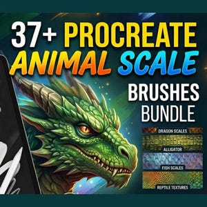 May include: Digital art brushes bundle for Procreate featuring animal scales. The image shows a green dragon head with the text "37+ Procreate Animal Scale Brushes Bundle". Includes examples of dragon, alligator, fish, and reptile scale textures.