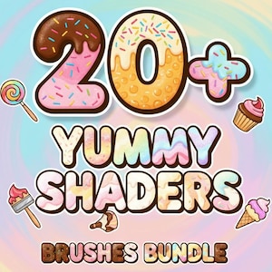 May include: A colorful digital art graphic featuring the number "20+" in a donut style, with sprinkles and frosting. The text "YUMMY SHADERS BRUSHES BUNDLE" is also displayed, along with illustrations of a lollipop, cupcake, and ice cream cone.