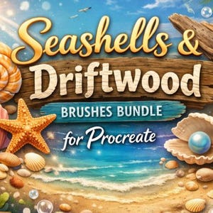 May include: Digital art bundle titled "Seashells & Driftwood" for Procreate. The image features a starfish, seashells, and a pearl in an open shell. The background depicts a beach scene with a blue sky and ocean.