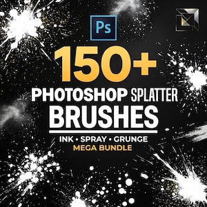 May include: A digital graphic featuring the text 150+ PHOTOSHOP SPLATTER BRUSHES INK SPRAY GRUNGE MEGA BUNDLE on a black background with white paint splatter effects and a blue Ps icon at the top center, indicating a collection of design assets.