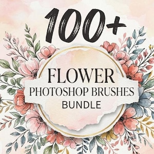 May include: A digital graphic featuring the text 100+ FLOWER PHOTOSHOP BRUSHES BUNDLE centred on a torn-edge paper circle. The design is surrounded by watercolour-style illustrations of pink, peach, and blue flowers with green leaves.