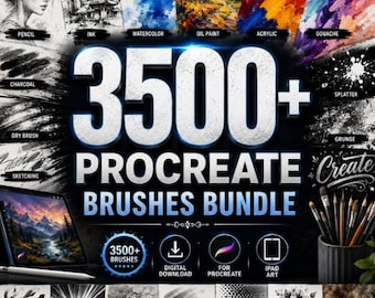 May include: A digital product bundle featuring 3500+ Procreate brushes with text overlays. The image displays various artistic styles including pencil, ink, watercolor, oil paint, acrylic, gouache, charcoal, dry brush, sketching, splatter, and grunge textures.