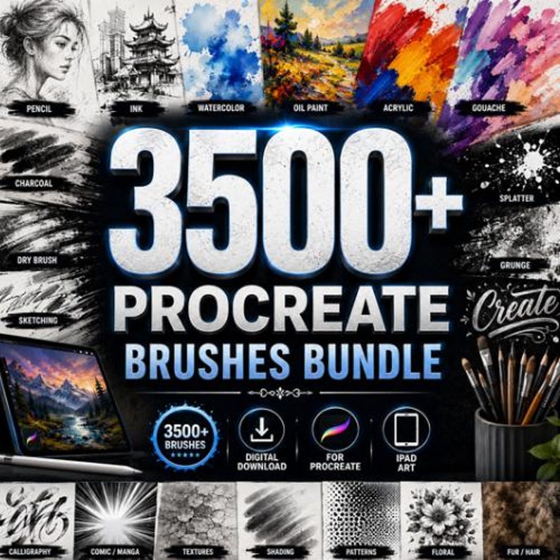 May include: A digital product bundle featuring 3500+ Procreate brushes with text overlays. The image displays various artistic styles including pencil, ink, watercolor, oil paint, acrylic, gouache, charcoal, dry brush, sketching, splatter, and grunge textures.