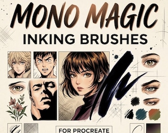 May include: A digital brush set titled MONO MAGIC INKING BRUSHES FOR PROCREATE LINE ART COMIC MANGA. The image displays various anime-style character illustrations, detailed eye drawings, floral sketches, and ink stroke samples on a cream background.