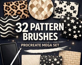 May include: A digital collection of 32 pattern brushes for Procreate, featuring various designs including leopard print, floral motifs, stars, waves, and woven textures. The set includes a tablet and stylus, with text reading 32 PATTERN BRUSHES.