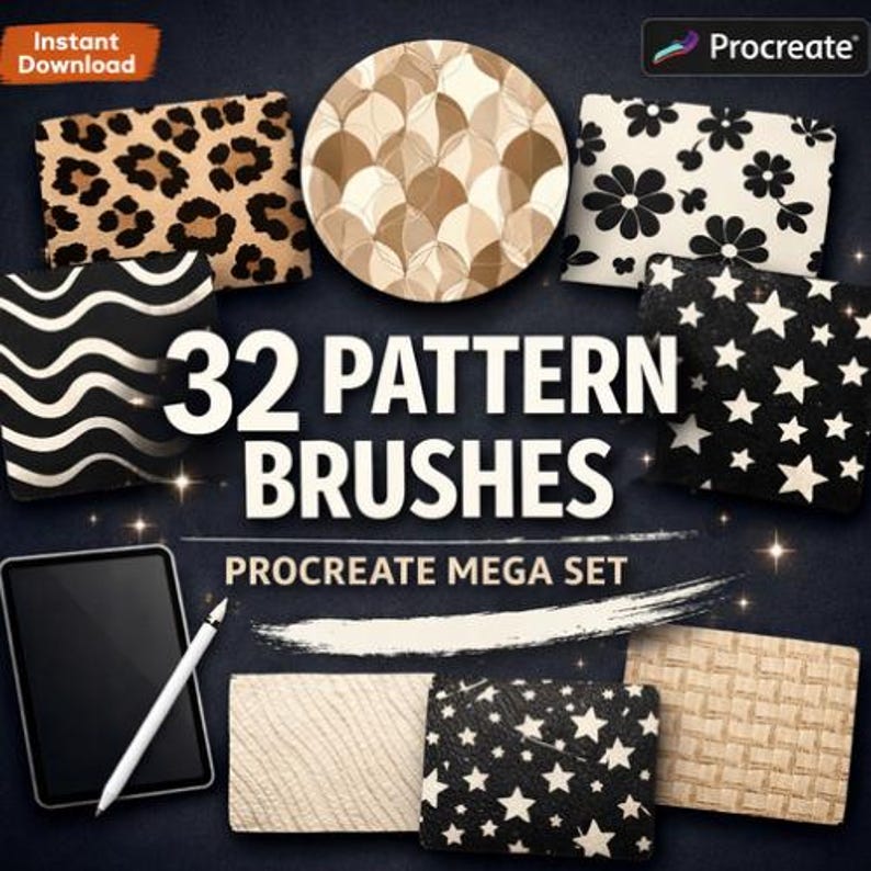 32 Procreate Pattern Brush Set | Seamless Textures, Decorative Designs for iPad Artists image 1