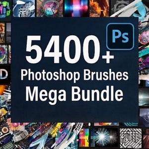 May include: A digital graphic featuring a dark blue central square with the white text 5400+ Photoshop Brushes Mega Bundle and a blue Adobe Photoshop Ps icon. The background is a collage of various colorful abstract digital art patterns.