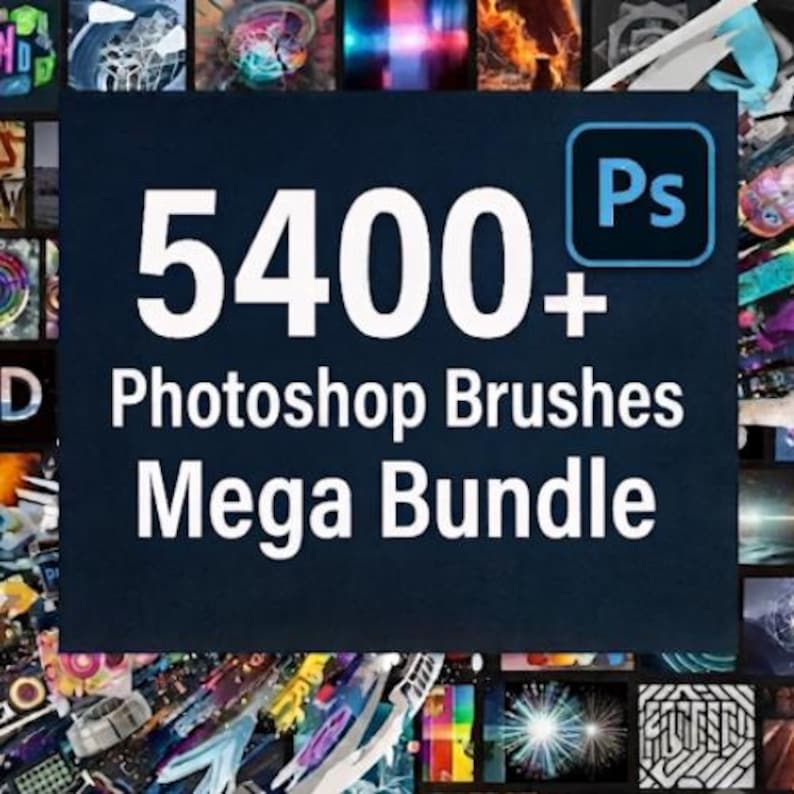 May include: A digital collection of 5400+ Photoshop brushes presented as a mega bundle. The central dark blue square features the white text 5400+ Photoshop Brushes Mega Bundle and a blue Adobe Photoshop Ps icon, surrounded by a collage of brush strokes.