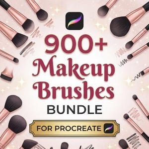 May include: A digital graphic featuring the text 900+ Makeup Brushes BUNDLE FOR PROCREATE, surrounded by illustrations of makeup brushes with rose gold handles and black bristles, along with various pencil and brush stroke textures on a light background.