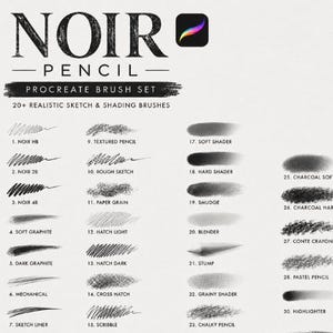 May include: A digital art brush set for Procreate, labeled "NOIR PENCIL." The image displays various pencil and shading brushes, including "NOIR HB," "Soft Graphite," and "Hard Shader." The set includes over 20 realistic sketch and shading brushes.