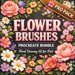 May include: A digital art bundle titled "Flower Brushes" for Procreate, featuring a floral design. The image showcases a variety of flowers, including roses, daisies, and other blossoms, in shades of pink, orange, and purple, set against a dark background.