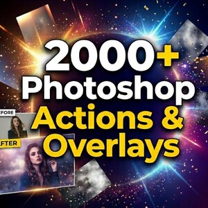 2000+ Photoshop Actions & Overlays-paket | Filmiska effekter, retuscheringsverktyg (digital nedladdning)