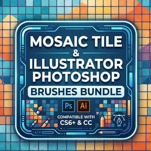 Może przedstawiać: Grafika cyfrowa z napisem MOSAIC TILE & ILLUSTRATOR PHOTOSHOP BRUSHES BUNDLE. Projekt zawiera ikony oprogramowania Ps i Ai oraz tekst COMPATIBLE WITH CS6+ & CC na tle kolorowych kwadratowych kafelków.