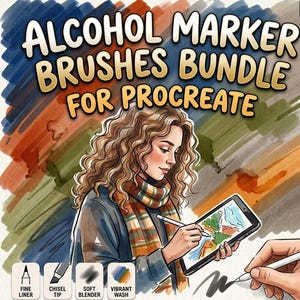 Op de afbeelding: Illustratie die een alcoholmarker-penselenbundel voor Procreate promoot. De afbeelding toont een vrouw met krullend haar die op een tablet tekent. De tekst "ALCOHOL MARKER BRUSHES BUNDLE FOR PROCREATE" staat bovenaan. Pictogrammen voor fijne liner, beitelpunt, soft blender en vibrant wash.