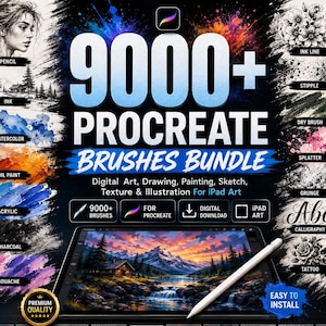 Può includere: Un pacchetto digitale di oltre 9000 pennelli Procreate per arte su iPad, con il testo 9000+ PROCREATE BRUSHES BUNDLE, Digital Art, Drawing, Painting, Sketch, Texture & Illustration For iPad Art, e vari esempi di stili artistici.