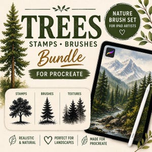 May include: A digital art bundle for Procreate featuring a nature brush set with tree stamps, brushes, and textures. The graphic displays the text TREES STAMPS BRUSHES Bundle FOR PROCREATE and shows a tablet screen with a mountain forest landscape.
