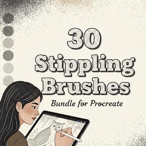 Könnte beinhalten: Illustration einer Frau, die mit einem Stift auf einem Tablet zeichnet. Der Text "30 Stippling Brushes Bundle for Procreate" ist in einer Vintage-Schriftart dargestellt. Der Hintergrund ist hellbeige mit einem gesprenkelten Design.