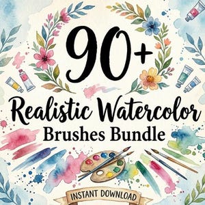 May include: A watercolour-style graphic with the text "90+ Realistic Watercolor Brushes Bundle." The image includes paint tubes, paintbrushes, a palette, and watercolour paint splotches in pink, blue, and green. Floral accents surround the text.