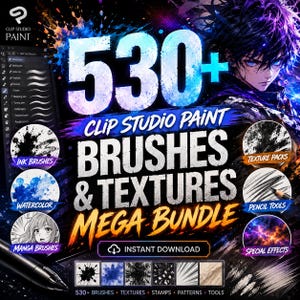 May include: Digital art bundle advertisement. The image features the text "530+ BRUSHES & TEXTURES MEGA BUNDLE" with illustrations of ink, watercolor, and manga brushes. The words "CLIP STUDIO PAINT" are also visible. The image includes a digital art character.