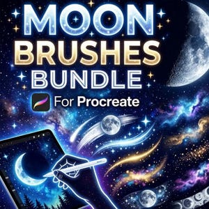 May include: A digital art asset pack titled MOON BRUSHES BUNDLE For Procreate, featuring a dark space background with a large moon, colourful nebulae, and stars. A tablet screen displays a crescent moon illustration being drawn with a stylus.