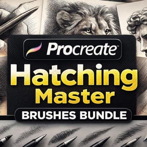 Puede incluir: Anuncio de un paquete de arte digital. El logotipo de Procreate se muestra encima de las palabras "Hatching Master BRUSHES BUNDLE" en amarillo. El fondo incluye bocetos a lápiz de un león y un busto, además de herramientas de dibujo y ejemplos de sombreado.