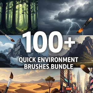Könnte beinhalten: Ein digitales Kunstpaket mit verschiedenen Umgebungsszenen, darunter ein Wald, ein stürmischer Himmel mit Blitzen, Berge, eine Wüste und Stadtlandschaften. Der Text "100+ QUICK ENVIRONMENT BRUSHES BUNDLE" wird in Weiß angezeigt.