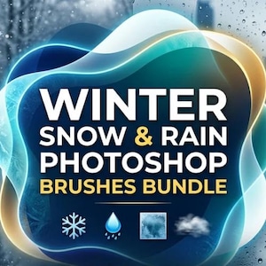 May include: A digital graphic for a Winter Snow & Rain Photoshop Brushes Bundle. The text is white and gold against a dark blue background with abstract, glowing, layered shapes. Icons of a snowflake, a raindrop, frost, and a cloud are included.