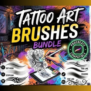 以下が含まれることがあります： Procreate互換のTATTOO ART BRUSHES BUNDLEと題されたデジタルブラシセット。タブレット上でスタイラスペンを使い鯉を描く手のイラストが描かれており、ドットワーク、スティップリング、ファインラインシェーディングのサンプルが周囲に配置されています。