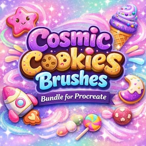 Könnte beinhalten: Digitalgrafik mit den Worten "Cosmic Cookies Brushes" und Illustrationen von Keksen und Süßigkeiten. Das Bild zeigt einen Stern, ein Eis, eine Rakete und andere Leckereien vor einem farbenfrohen, glitzernden Hintergrund.