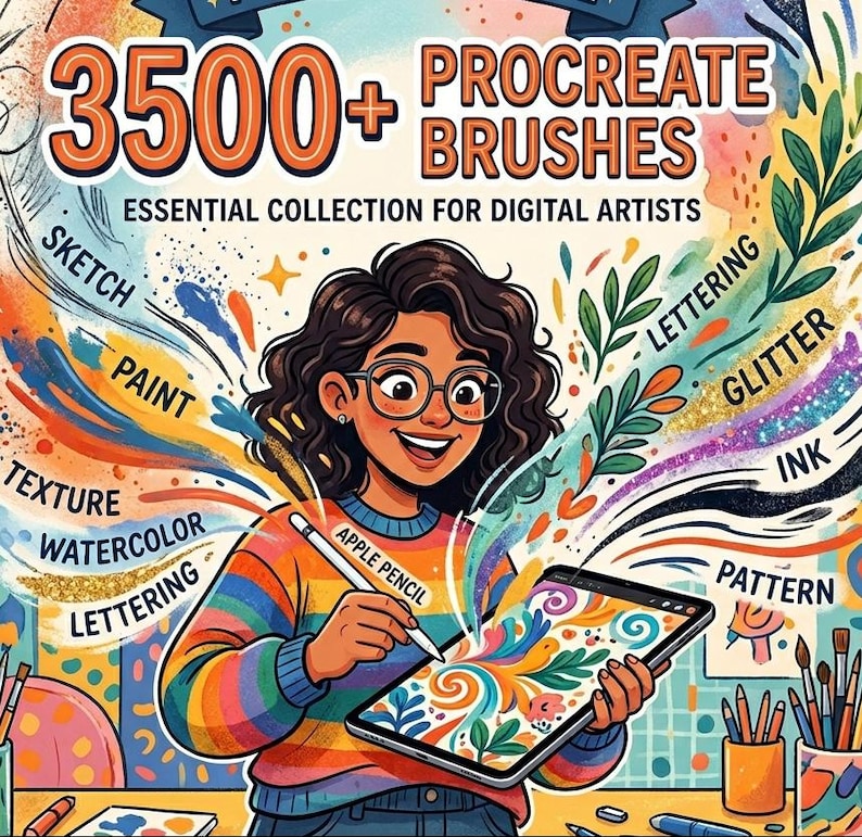 May include: A digital illustration featuring a person with dark curly hair and glasses using an Apple Pencil on a tablet. The text reads 3500+ PROCREATE BRUSHES ESSENTIAL COLLECTION FOR DIGITAL ARTISTS, surrounded by words like SKETCH, PAINT, TEXTURE, WATERCOLOR, LETTERING, GLITTER, INK, and PATTERN.