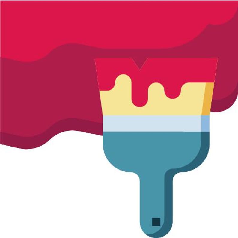 May include: A flat vector illustration of a paintbrush with a teal handle, a light blue ferrule, and yellow bristles. The brush is shown applying a thick, wavy stroke of vibrant magenta paint across the background, creating a bold graphic design.