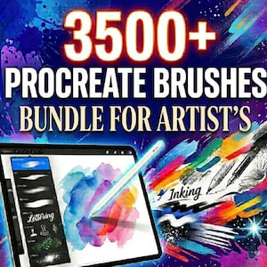 May include: Digital art bundle advertisement. The image displays a tablet with a stylus, showcasing colorful brushstrokes and a selection of Procreate brushes. Bold text reads "3500+ Procreate Brushes Bundle for Artist's". A vibrant array of digital art tools is also shown.