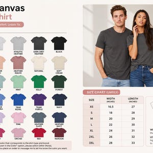The image is a color chart for adult t-shirts, featuring a man and a woman posing together in front of a wall. The chart displays various color options, including white, ash, dark gray, black, and others, along with corresponding sizes and widths. The chart also includes a size chart for the t-shirts, providing measurements for different sizes.