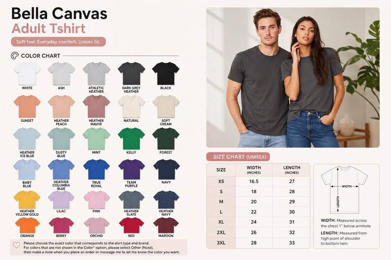 The image is a color chart for adult t-shirts, featuring a man and a woman posing together in front of a wall. The chart displays various color options, including white, ash, dark gray, black, and others, along with corresponding sizes and widths. The chart also includes a size chart for the t-shirts, providing measurements for different sizes.