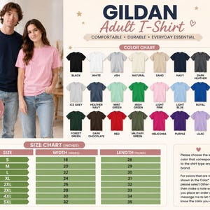 The image is a promotional graphic for a GILDA Adult T-shirt. It features a man and a woman standing next to each other, posing for a photo, with a variety of different colored t-shirts displayed in the background. The image includes a color chart and size chart to help customers choose the perfect t-shirt size and color that corresponds to their style and brand.