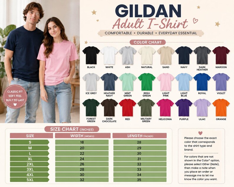 The image is a promotional graphic for a GILDA Adult T-shirt. It features a man and a woman standing next to each other, posing for a photo, with a variety of different colored t-shirts displayed in the background. The image includes a color chart and size chart to help customers choose the perfect t-shirt size and color that corresponds to their style and brand.